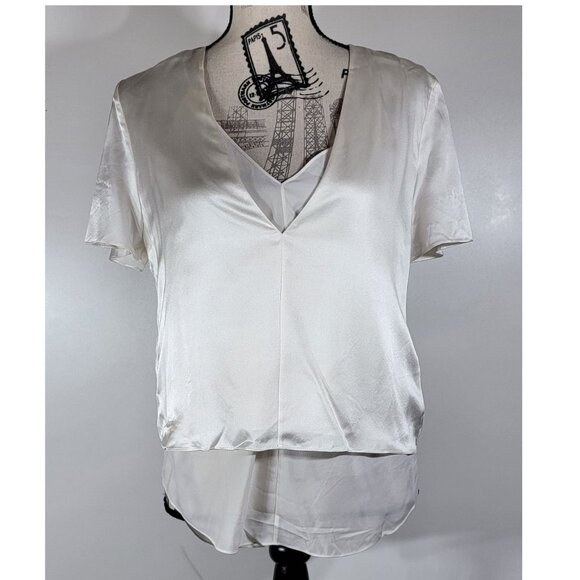 Alexander Wang Ivory Silk V-Neck Blouse with Layered Hem, Womens Size 6 - Picture 3 of 9